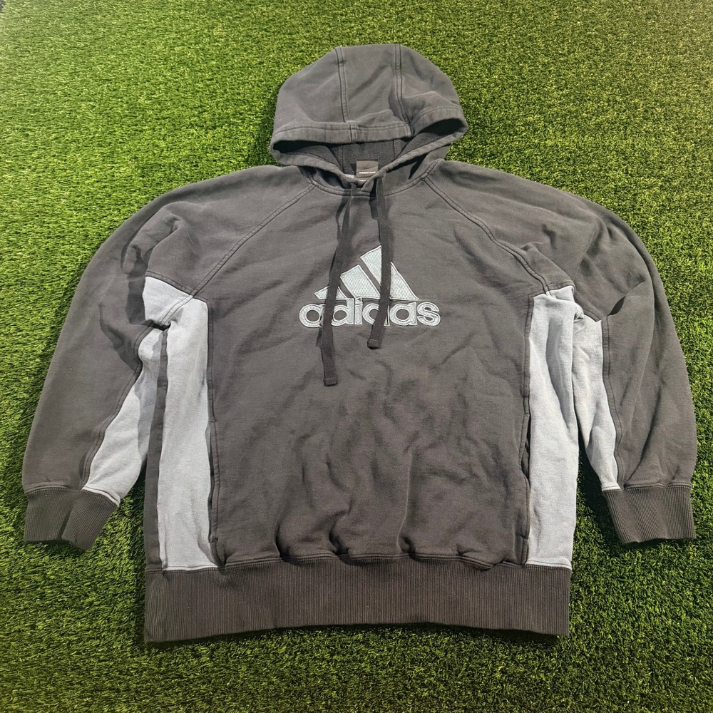 Adidas Mens Hoodie Medium Grey Blue Colorblock Embroidered Logo Pullover Y2K